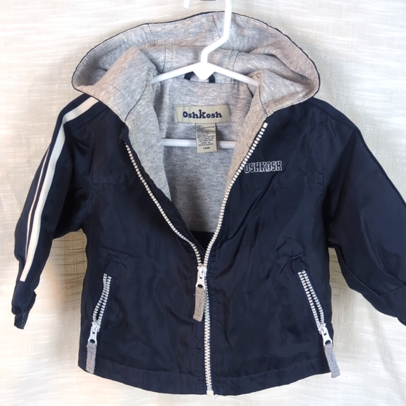 Vintage Oshkosh 12M Navy Blue Full Zip Windbreaker Hooded Track Jacket Lined - Picture 2 of 6